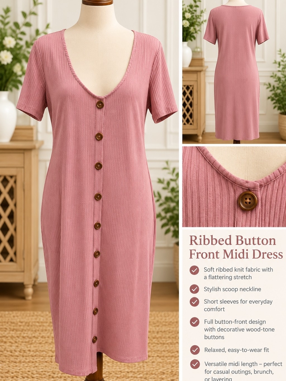 love J Ribbed Button-Front Midi Dress in Dusty Rose